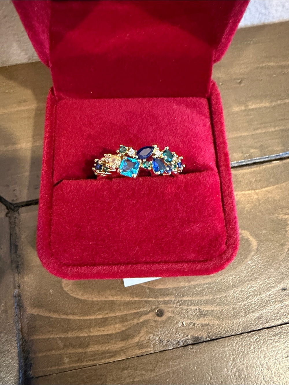 Gold plated Ring with Blue and Teal Gemstones -  fashionWomen Jewelry. Size 8.